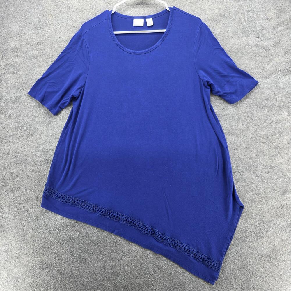 Chico's Shirt Womens 2 Blue Asymmetrical Hem Lace Trim Short Sleeve Stretch